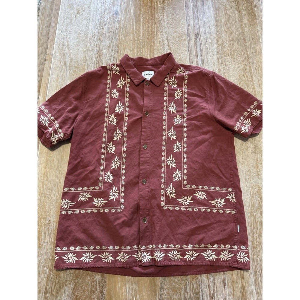 Rhythm Mens XXL Short Sleeve Resort Shirt Rust Red Ramie Rayon Floral Border
